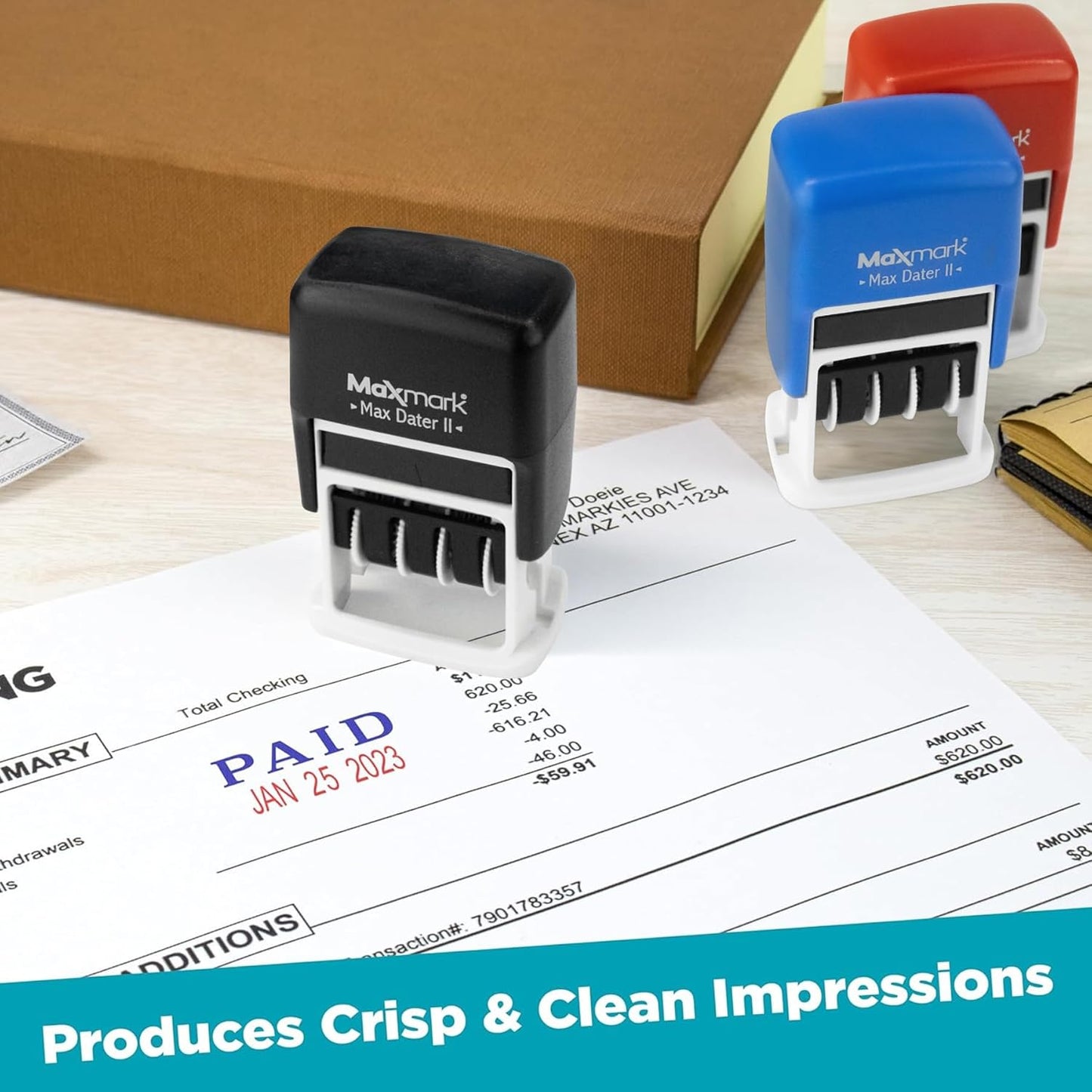 MaxMark Self-Inking Rubber Date Office Stamp with Due by Phrase & Date - 2 Color Blue/Red Ink (Max Dater II), 12-Year Band