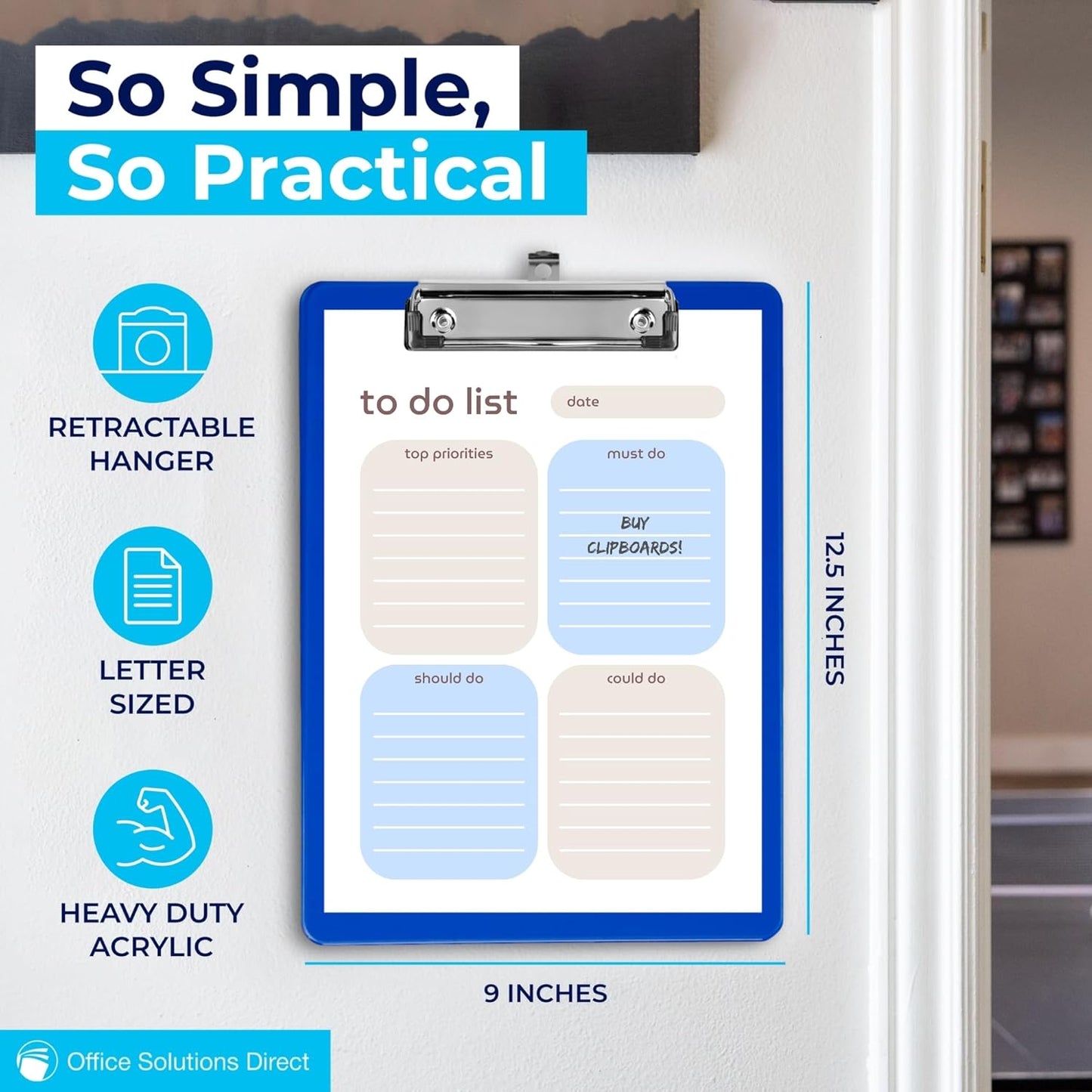 Blue Plastic Clipboard with Low Profile Clip (Pack of 12) - Letter Size Clip Board Blue with Flat Clip, A4 Size Acrylic Clipboard for Boys and Girls | Cute Aesthetic College & Back to School Supplies
