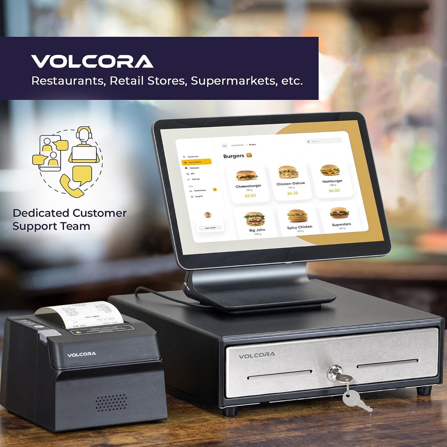 Volcora 13" Cash Register Drawer for Point of Sale (POS) System, 4 Bill 5 Coin Cash Tray, Black and Stainless Steel Front Cash Drawers, Removable Coin Compartment, 24V, RJ11/RJ12 Key-Lock, Media Slot