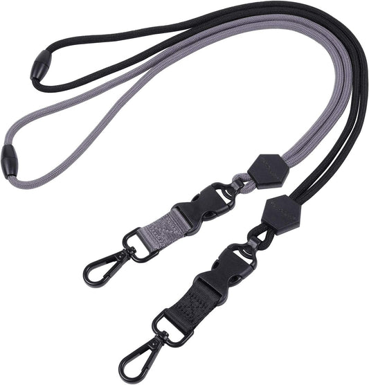 Wisdompro 2 Pack of 23 inch Durable Round Cord Heavy Duty Lanyard with Safety Breakaway Buckle, Detachable Buckle and Metal Hook for ID Card Badge Holder and Keys - Black and Gray