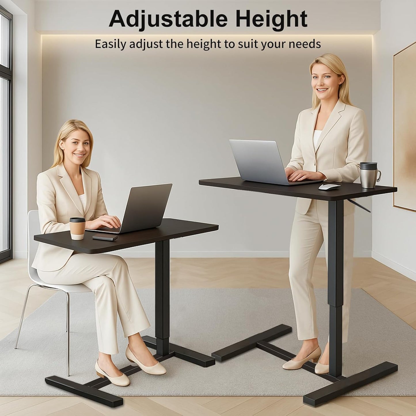 Erinaik Overbed Table with Adjustable Height & Swivel Wheels, Pneumatic Mobile Laptop Desk for Hospital Bed, Home Office, Study - Hidden Wheels, Stable Bedside Table