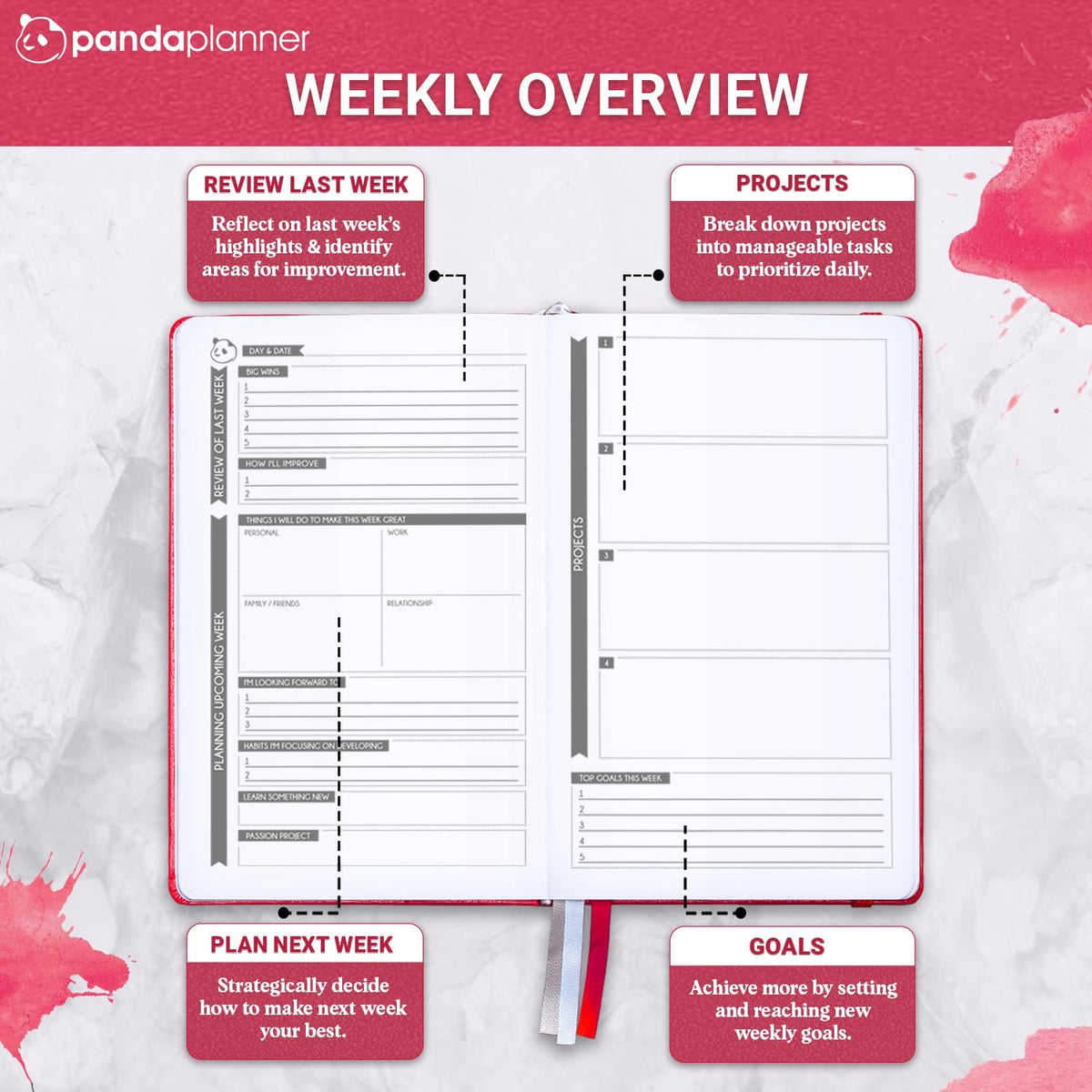 Panda Planner Classic Daily Planner 2025-2026 – Undated Productivity Planner & Hourly Schedule Notebook – Day Planner for Focus, Goals & Organization – Raspberry