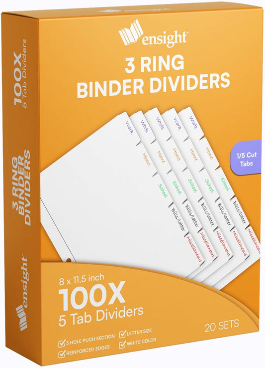 Ensight 3 Ring Page Dividers Bulk, 1/5 Cut Tab Dividers, 100 Per Box - Divider Pages with Tabs, Decorative Printable Rewritable Divider Tabs, Exhibit Tab Dividers for 3 Ring Binders Bulk