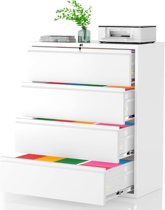 Pataku 4 Drawer File Cabinet with Lock, Metal Lateral File Cabinets for Home Office, Locking Filling Cabinets for Hanging Files Letter/Legal/F4/A4 Size (White)