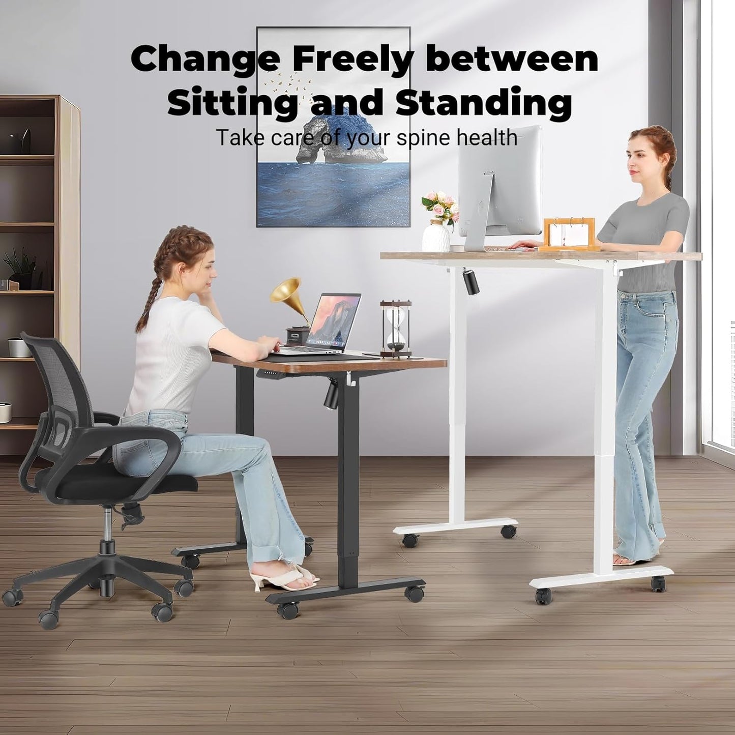 Electric Standing Desk 63 x 24 Inches Adjustable Height Ergonomic Sit Stand Up Desk Curved for Home Office Computer Workstation with 2 USB Ports 3 Power Outlets Memory Preset Wheels, Black