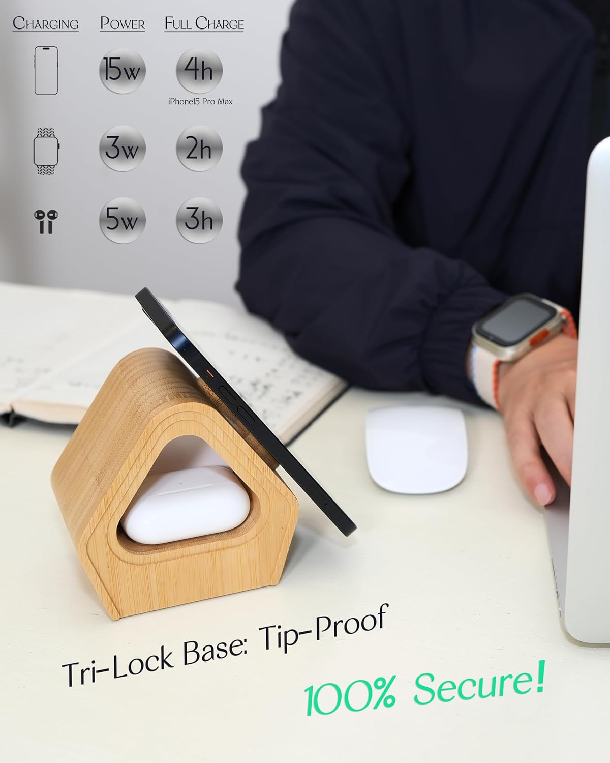 Bamboo Wireless Charging Station for Apple: 3-in-1 Charger Stand with Cabin Style for iPhone 16 15 14 13 12 Series, Apple Watch 10-2, Ultra, and AirPods 4-2, Pro, MagSafe Wireless Charger(20W Adapter)