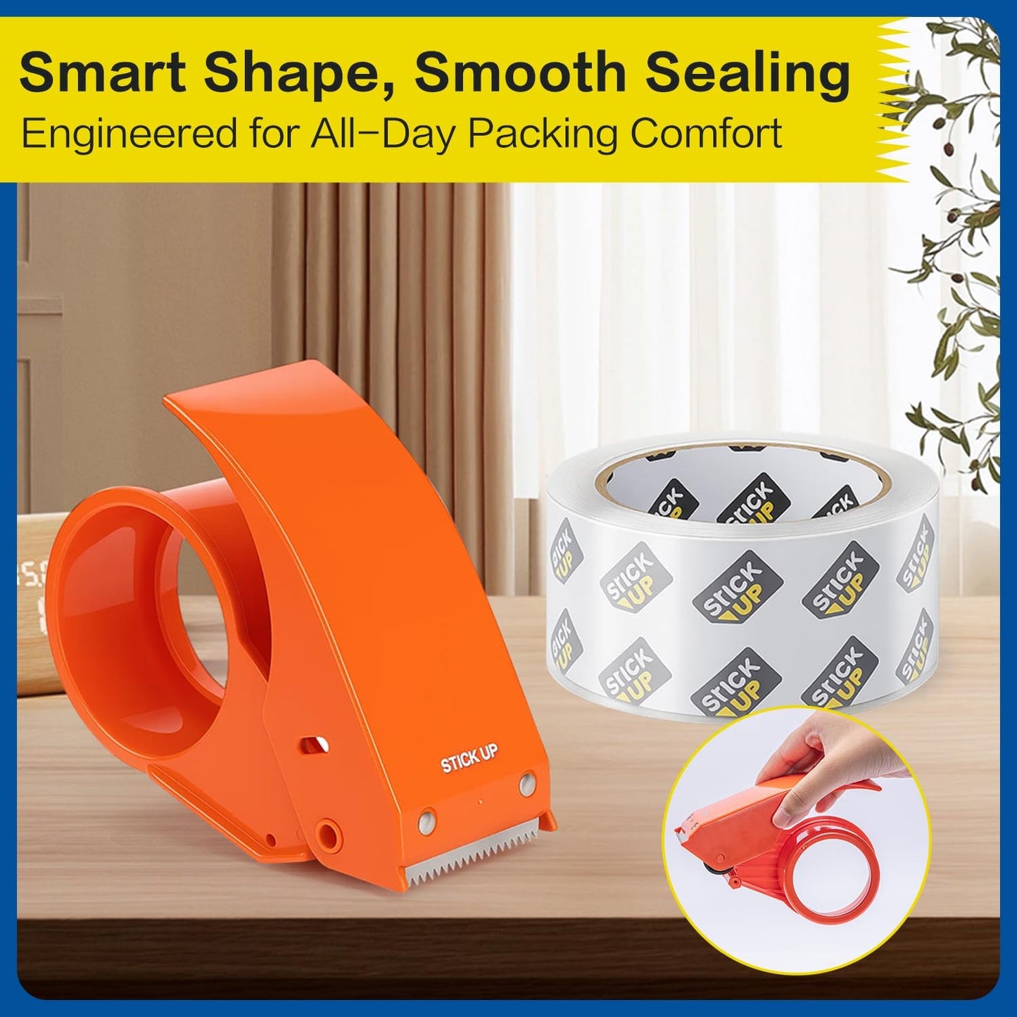 STICK UP 6 Rolls Packing Tape with 2 Dispensers, 390 Yds Total, 1.88 inch x 65 Yds Heavy Duty Shipping Tape, Strong Adhesive Clear Packaging Tape for Moving, Shipping and Mailing Supplies