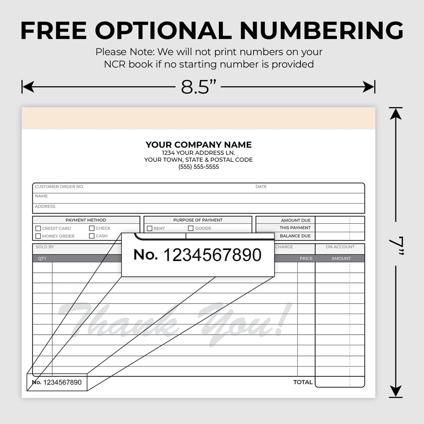 Custom 8.5" x 7" Carbonless NCR Books in 2-Part Duplicate Invoices, Receipts, Work Orders, Sales Orders, Purchase Orders, Estimates, Quote Forms with Your Company/Business Name (100 Sets)