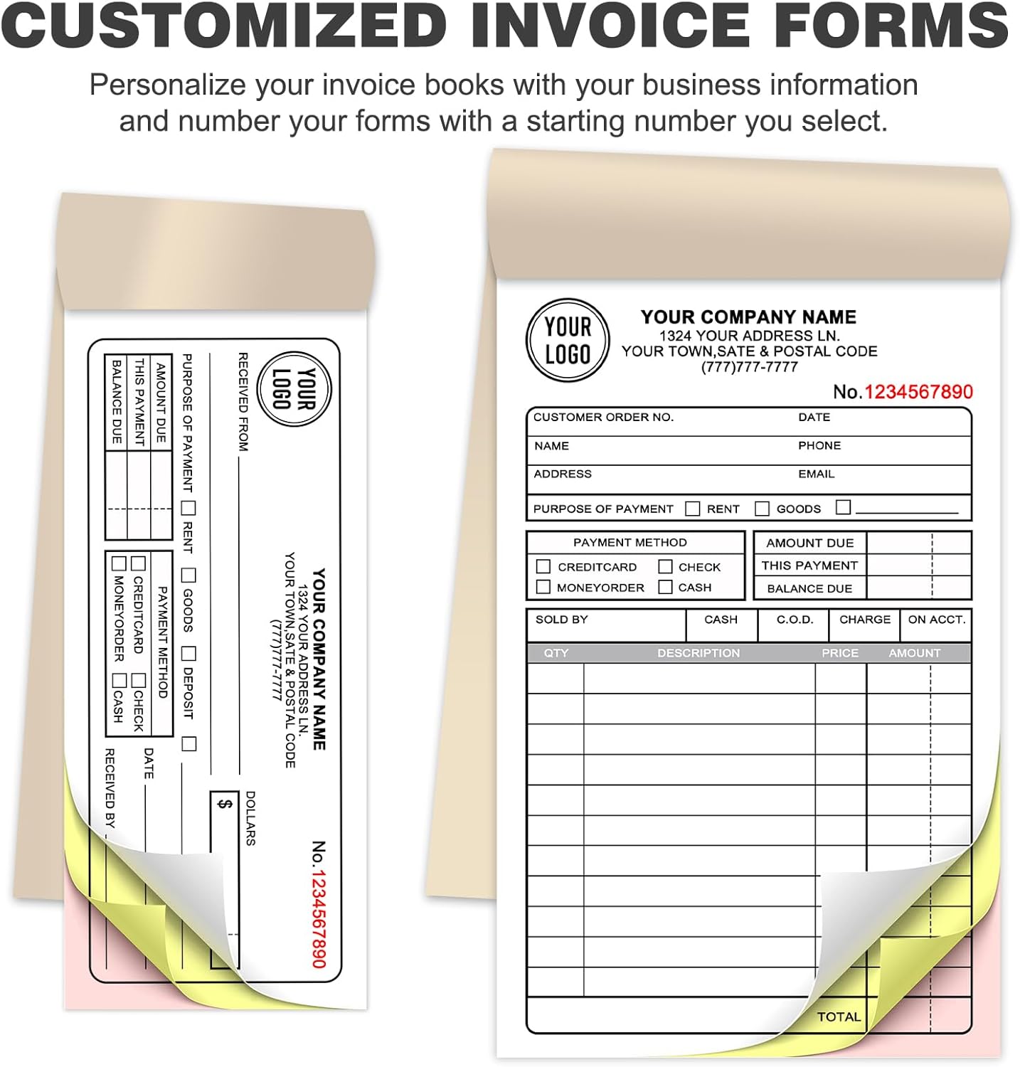 Custom Invoice Receipt Book for Small Business 4.25x7" Personalized 2-Part Contractor Duplicate Carbonless Sales Forms with Company Name Address Phone Number 100 Sets