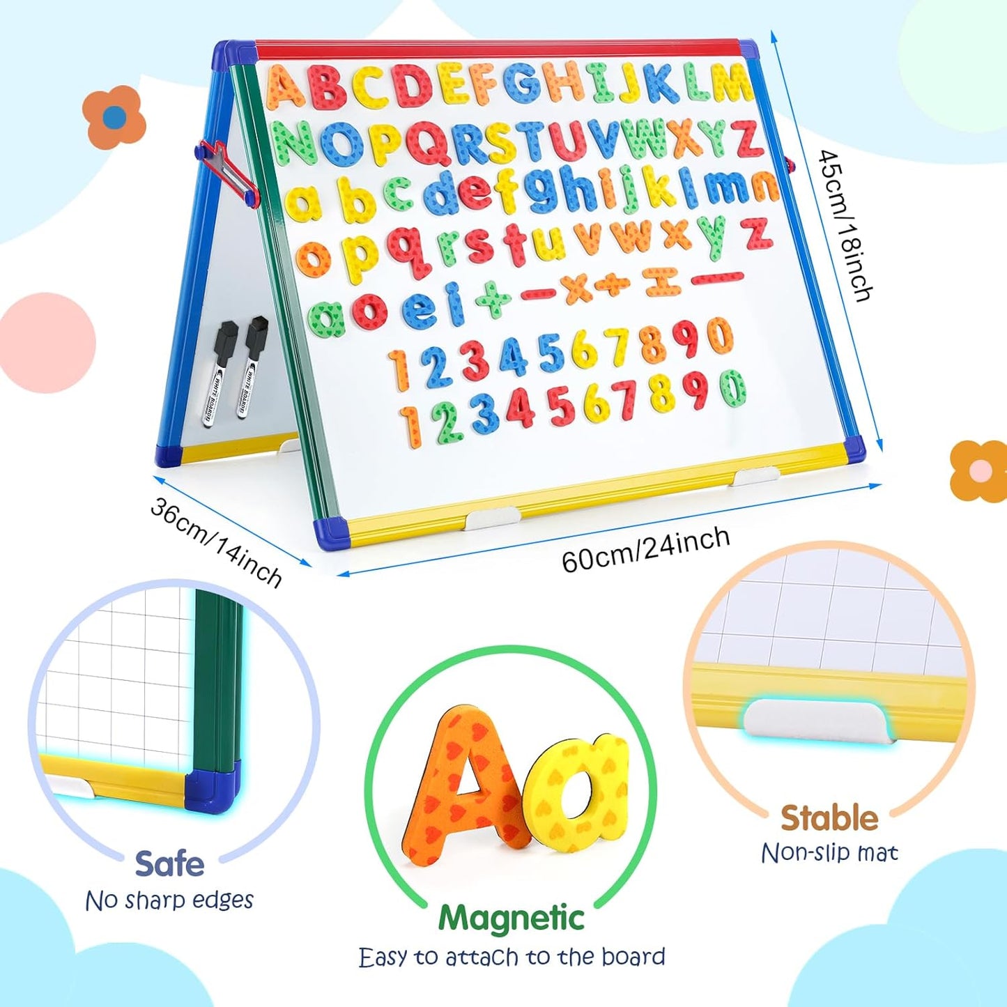 SWANCROWN Magnetic Board for Kids - Tabletop White Board for Children- 24x18 Inch Double Sided Foldable Dry Erase Board Standing with 82Pcs Alphabet Magnets Whiteboard Letters