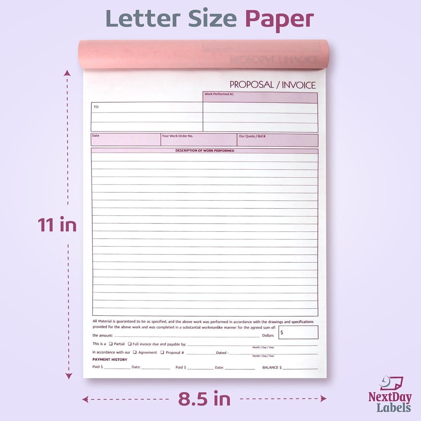 NextDayLabels - Contractor Invoice Book 8.5 x 11 3 Part Carbonless Triplicate Invoices Forms with White, Canary, and Pink Copies - Practical Proposal for Receipts, Work, Sales and Orders, 50 Sets