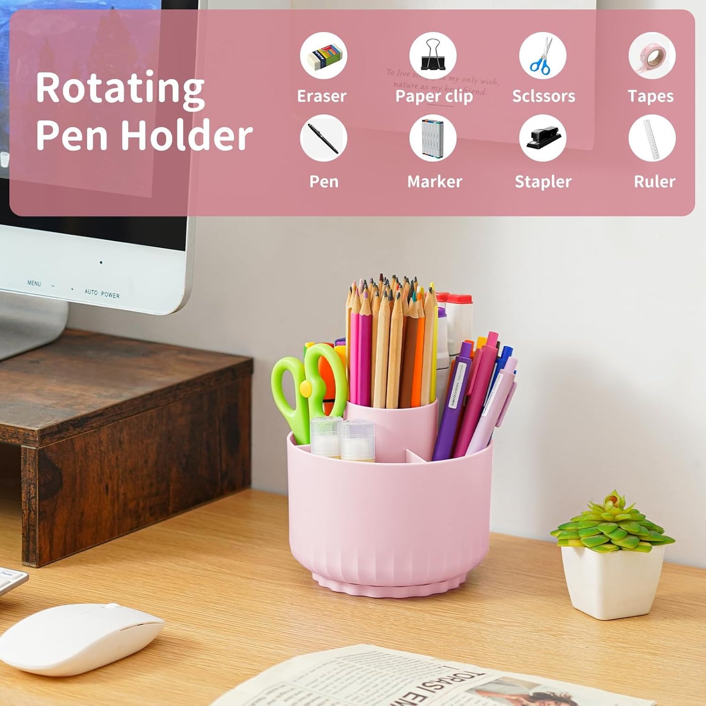 Marbrasse Desk Organizer, 360-Degree Rotating Pen Pencil Holder, Desk Organizers and Accessories with 5 Compartments Pencil Organizer, Art Supply Storage Box Caddy for Office, Home (Pink)