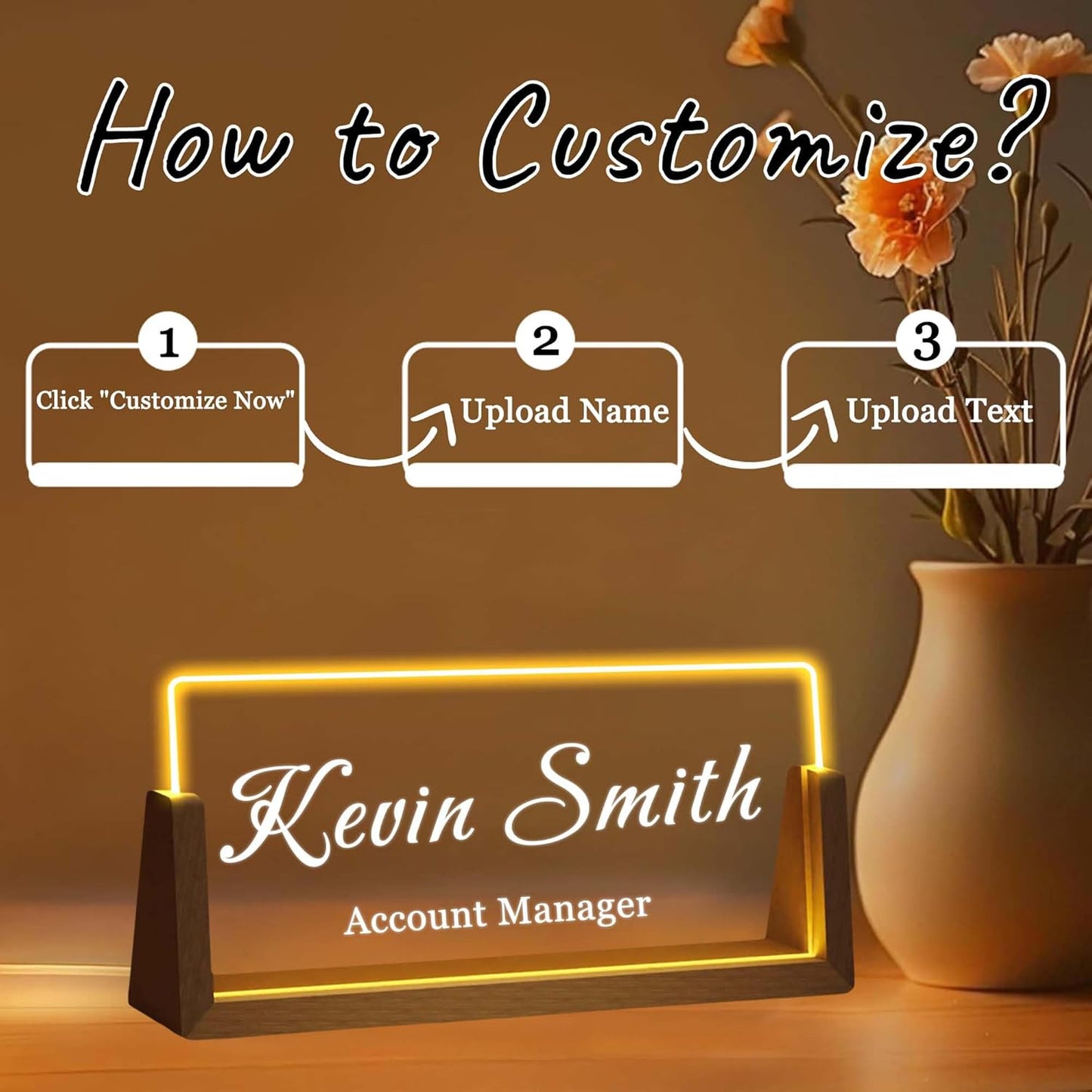 Personalized Desk Name Plate with LED Light & Wooden Base, Custom Acrylic Name Sign | Custom Office Decor & Appreciation Gifts for Boss Coworkers, New Job Promotion Gift (Style 1)