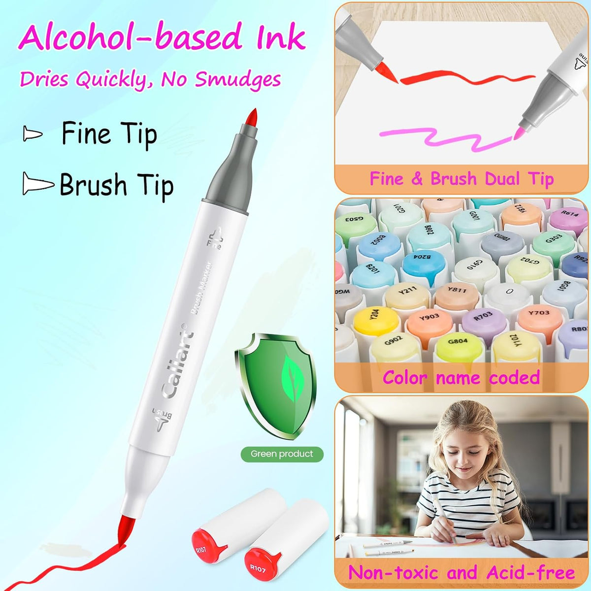 Caliart Alcohol Markers Brush Tip, 51 Colors Dual Tip Coloring Marker Pen Set Brush & Fine, Art Supplies Kit Gift for Adults Coloring Book Artists Sketch Drawing Illustration