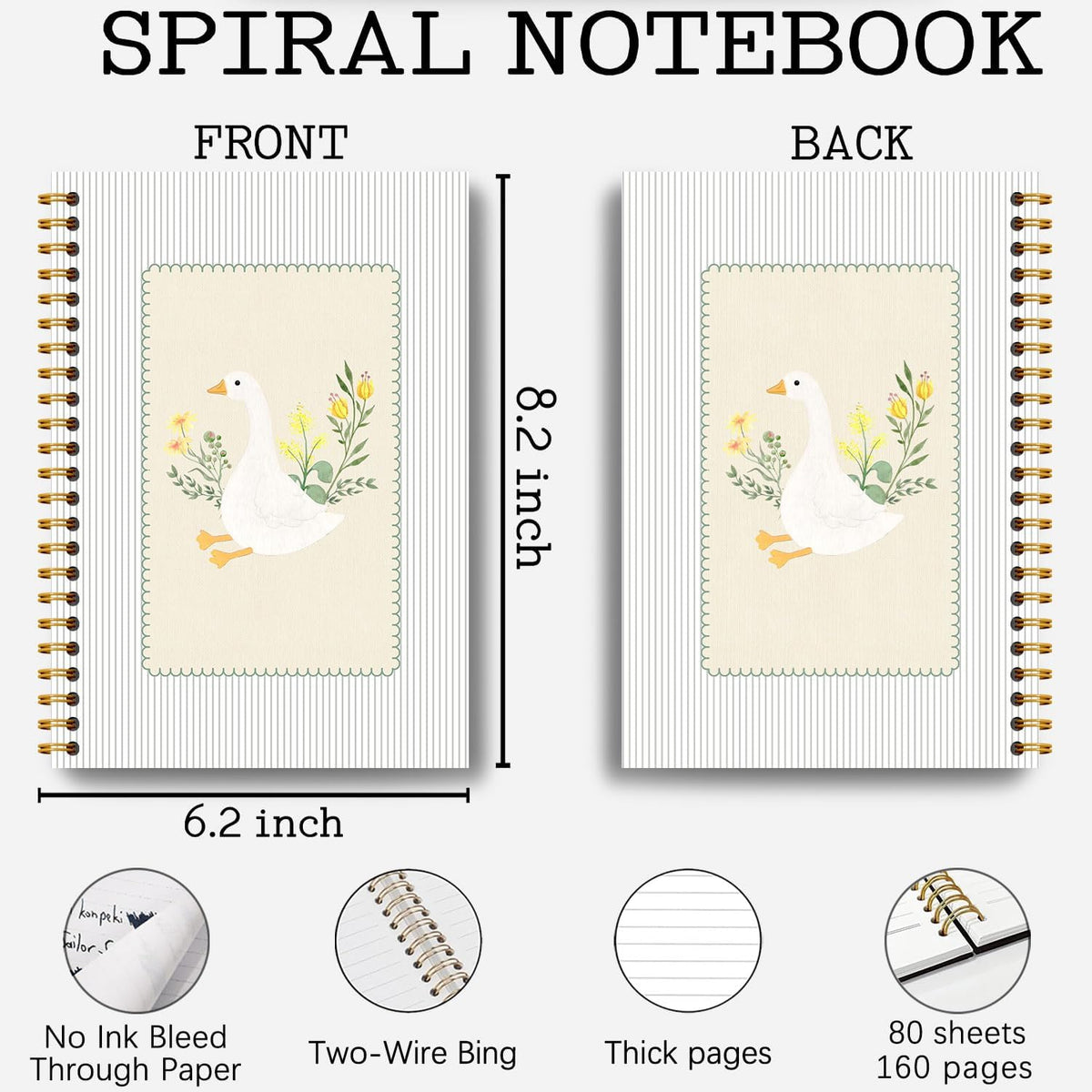 Guymn Cottage Core Floral Goose Notebook, Sage Green Vintage Goose Journal for Kids Girls, Geese Animal Lover Gifts Hardcover Spiral Notebooks Journals 5.5x8.3 Inch
