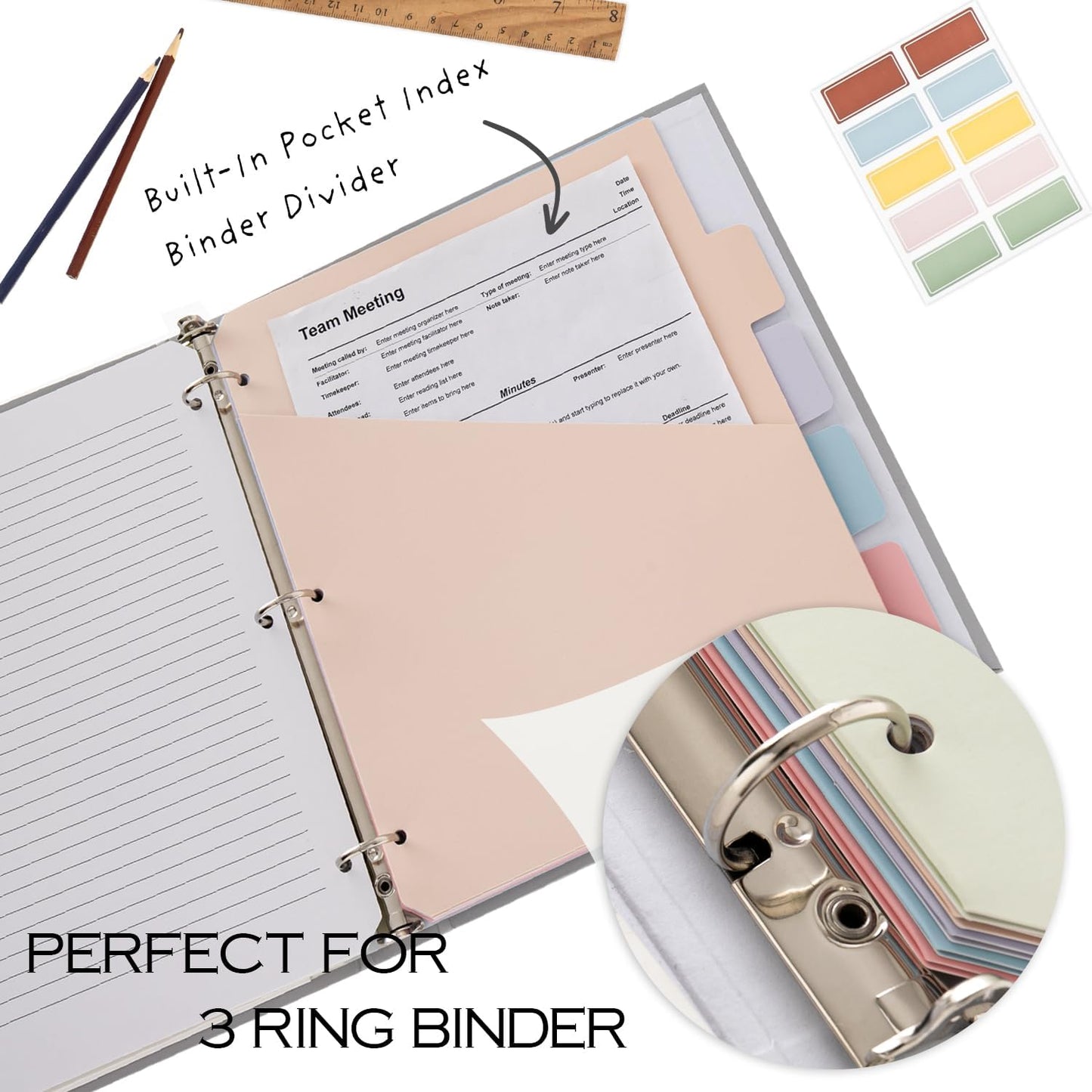 Y YOMA Colored 3 Ring Binder Dividers with Pocket Letter Size Paper Binder Tabs Page Dividers Cute Decorative Binder Index Dividers for Office School Home with 1/5-Cut Tabs, Soft Color(5 Sheet)