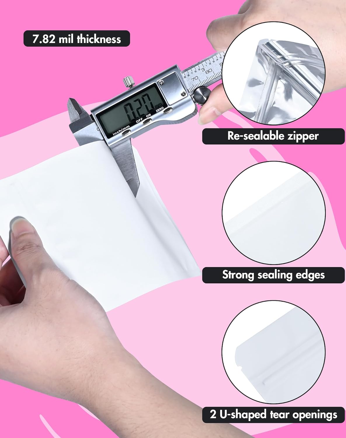 FireKylin 100 Pack Resealable Packaging Bags for Small Business Double-Sided Color Smell Proof Bags for Food Storage Flat Bags (White, 5.5" x 7.8")