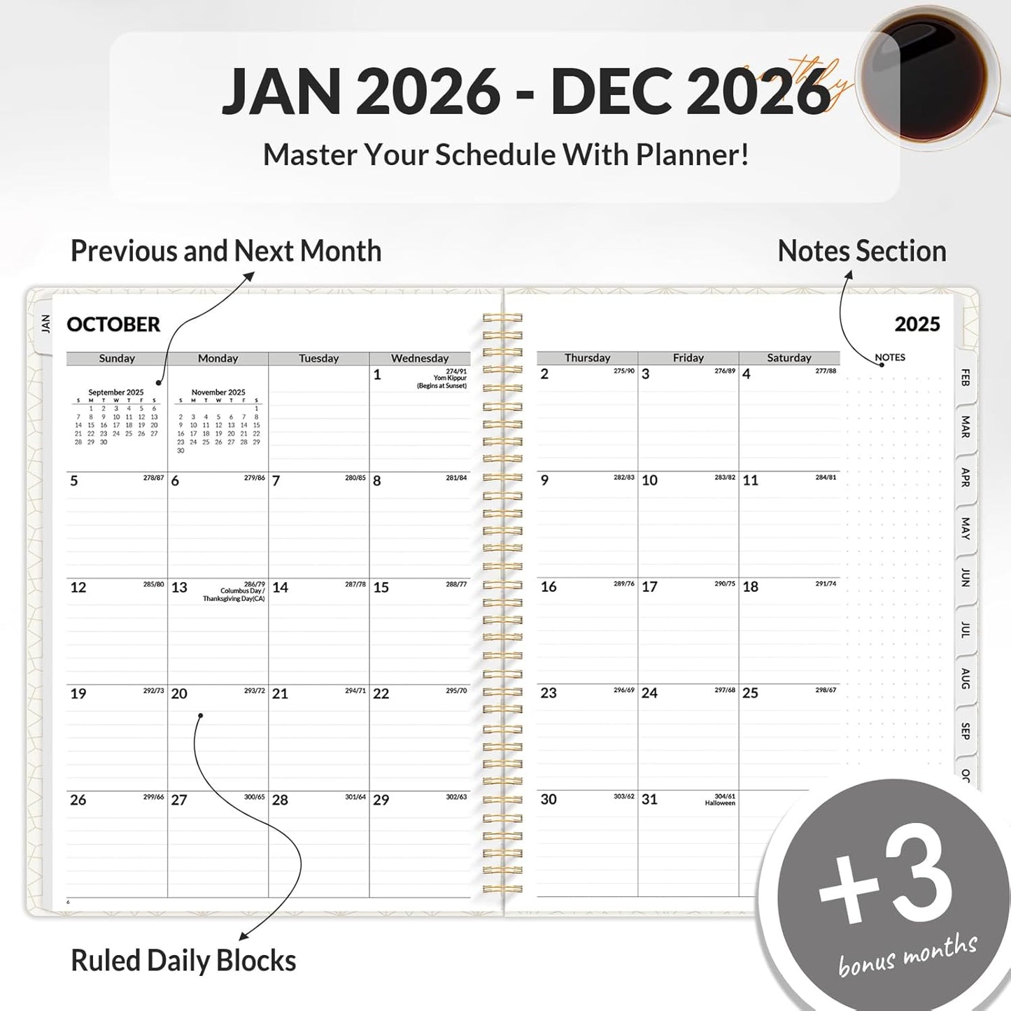SUNEE Planner 2026 Weekly and Monthly, January 2026-December 2026, 6.4"x8.3", Tabs, Note Pages,Spiral Binding, Sage Green