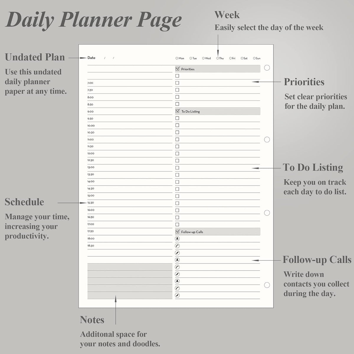 EMSHOI Daily Planner Refill 8.5" X 11", 80 Sheets, 160 Pages A4 4-Ring Binder Planner Inserts, Thick Cream Color Refill Paper, 100 GSM Loose Leaf, A4 Paper Refills with Gift Box