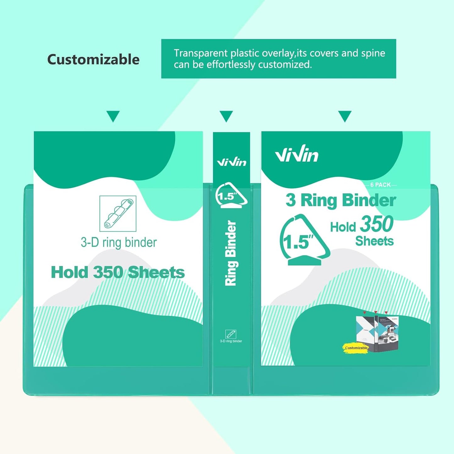 ViVin Sturdy 1.5 Inch 3 Ring Binder with Pockets, Slant-D Ring, PVC-Free, Customizable Clear View Binder,Holds 350 Sheets of 8.5" x 11" Paper, 6 Pack (Lake Green)