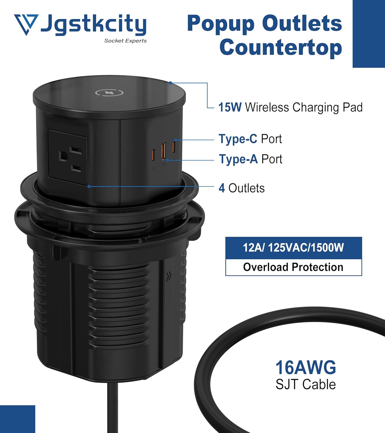 Pop up Outlet for Countertop with Wireless Charger,45W USB C Port, 4.7'' Diameter Round Pop Up Counter Outlet with AC Outlets,USB Ports,Hidden Outlet,Pop Out Outlet