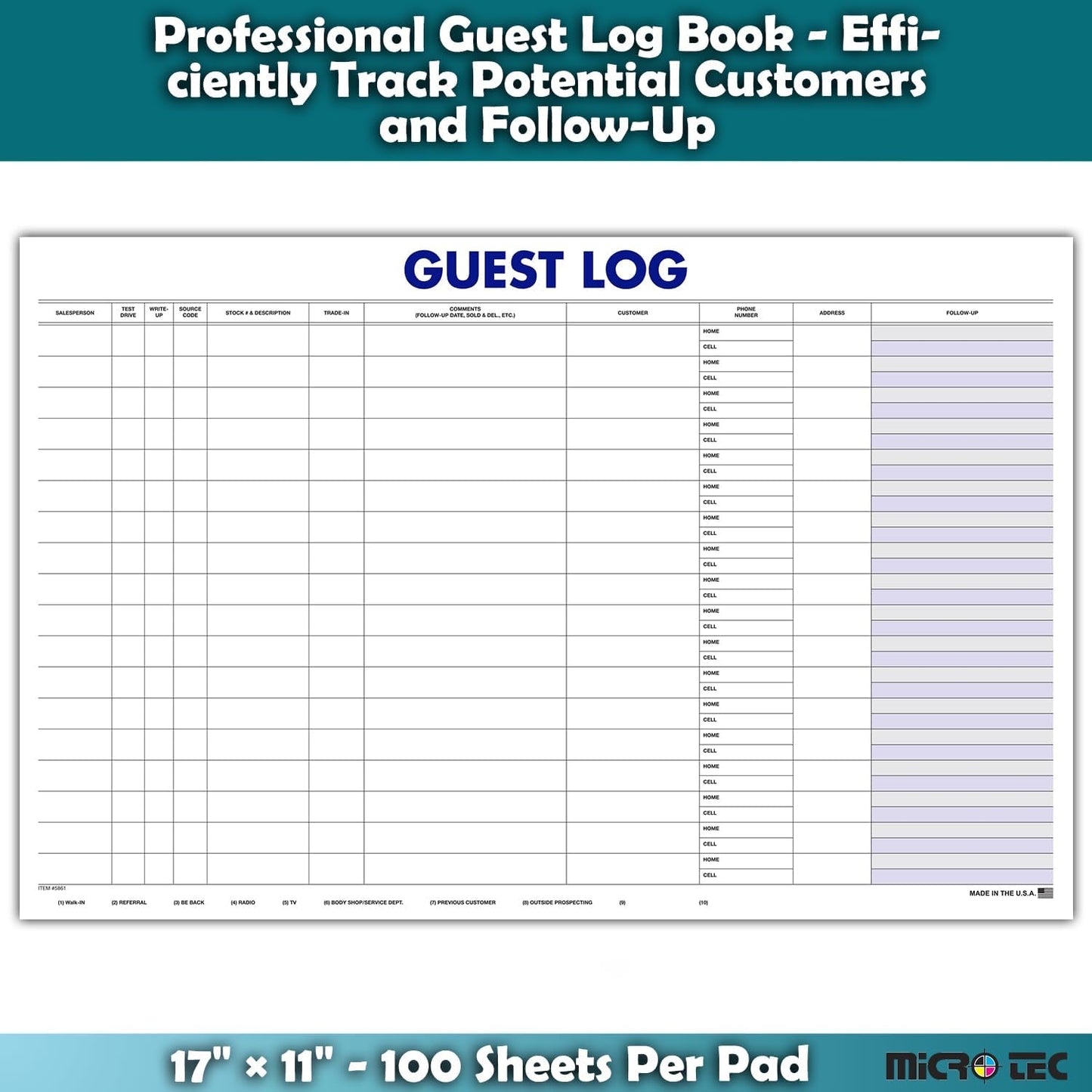 Professional Guest Log Book - Efficiently Track Potential Customers and Follow-Up - Ideal for Automotive Dealerships, Repair Shops, and Service Centers - 17" × 11" - 100 Sheets Per Pad - Pack of 2