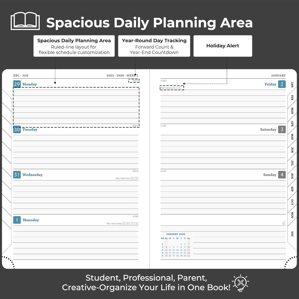Planner 2026 Daily Weekly and Monthly,8.5"x6.5",12 Months Spiral Bound Calendar Agenda with Self-adhesive Pen Holder,2026 Appointment Book with Vegan Leather Soft Cover,Black