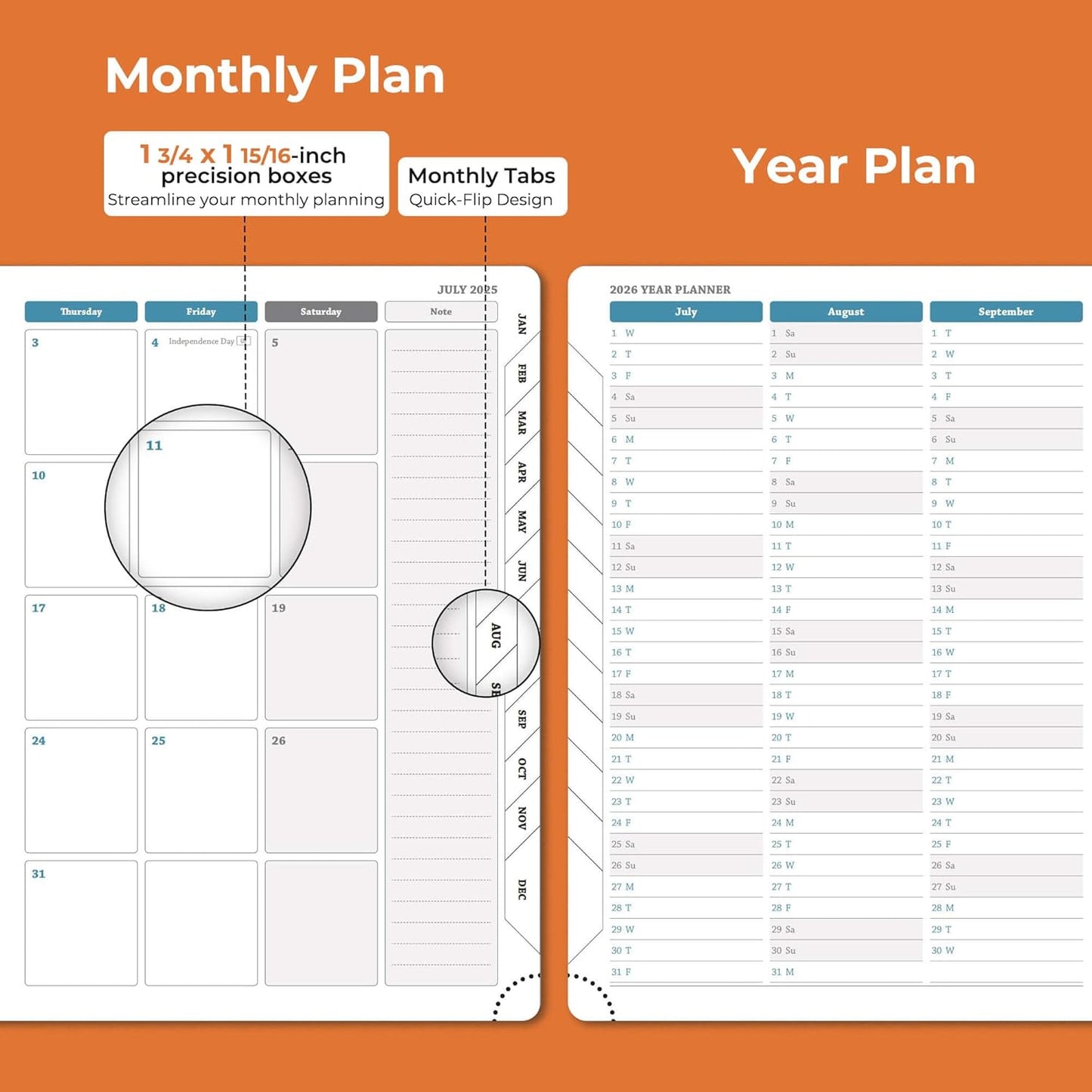 Planner 2025-2026 Daily Weekly and Monthly,11.5"x8.5",18 Months Spiral Bound Calendar Agenda with Self-adhesive Pen Holder,2026 Academic Plan with Vegan Leather Soft Cover,Orange