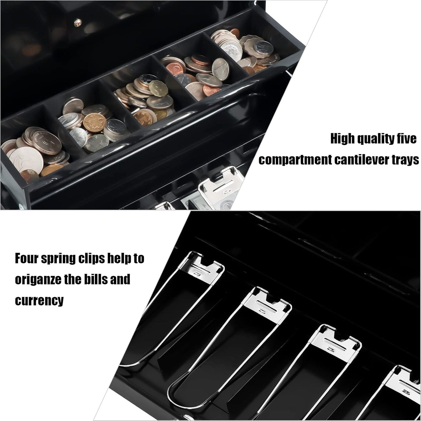 KYODOLED Cash Box with Money Tray, Key Lock Money Safe with Security Cable and Waterproof Bag, 11.81L*9.45W*3.54H inch, Black X Large