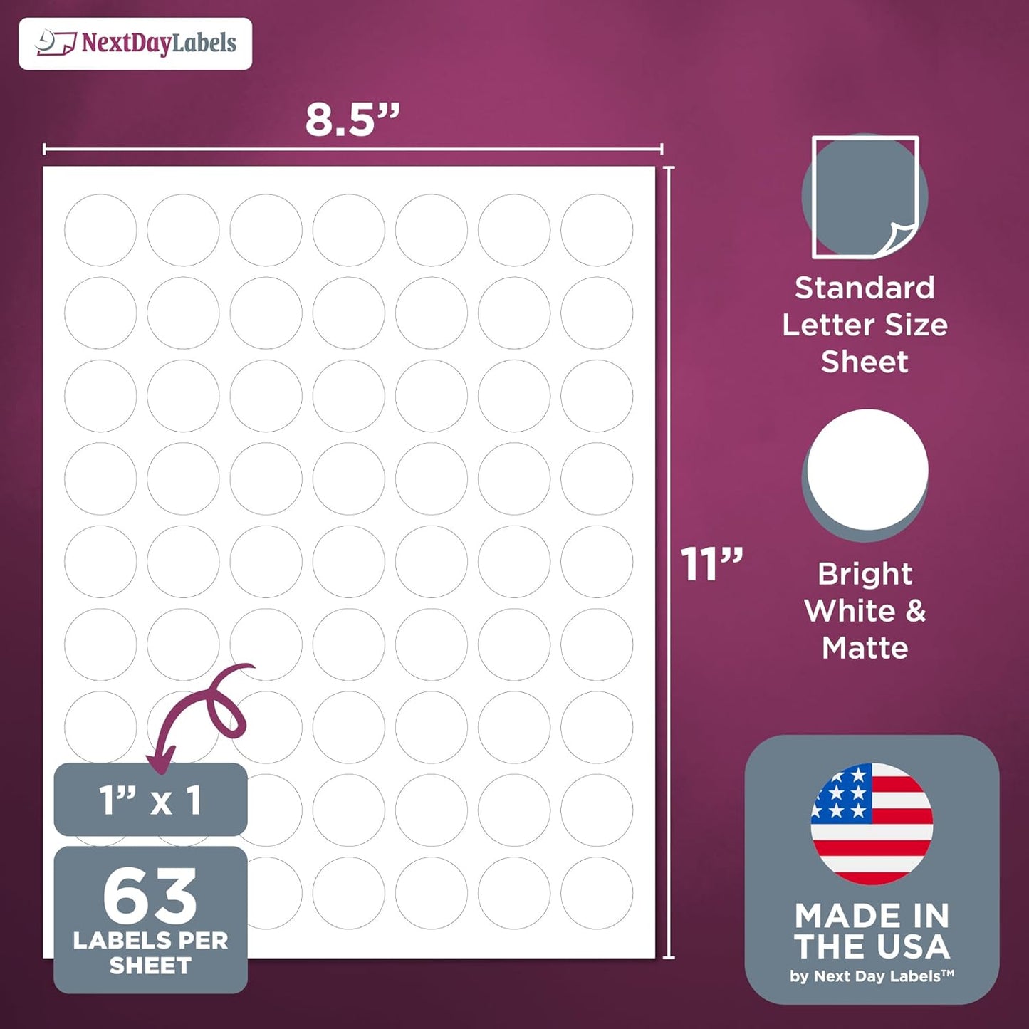 NextDayLabels - 1 Inch Round Stickers - Matte White Circle Labels (15,750 Sheets)