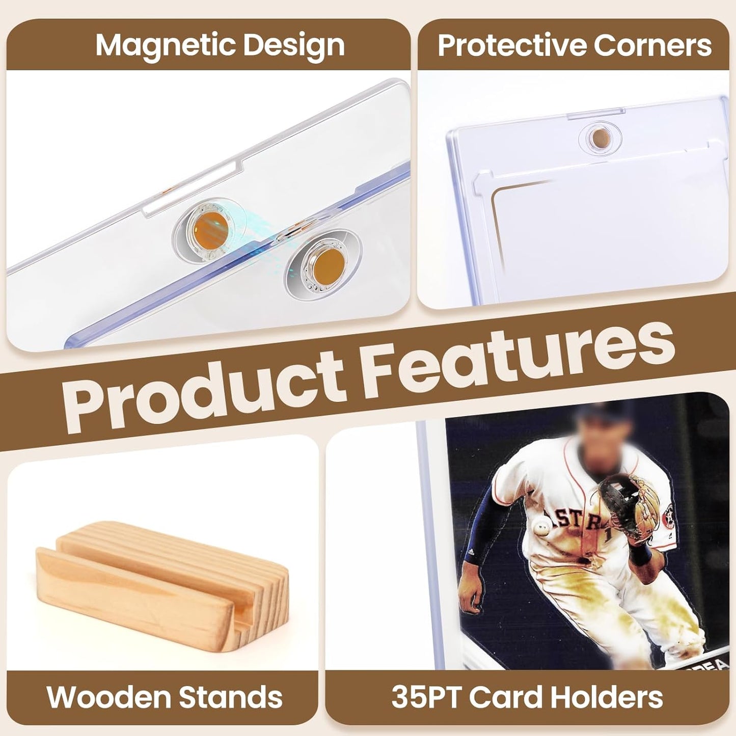3 Pack Magnetic Card Holders for Trading Cards - 35pt Acrylic Hard Baseball Card Protectors with 3 Wooden Stands, Sports Card Case Base for Baseball, Football, MTG and Game Cards Storage and Display
