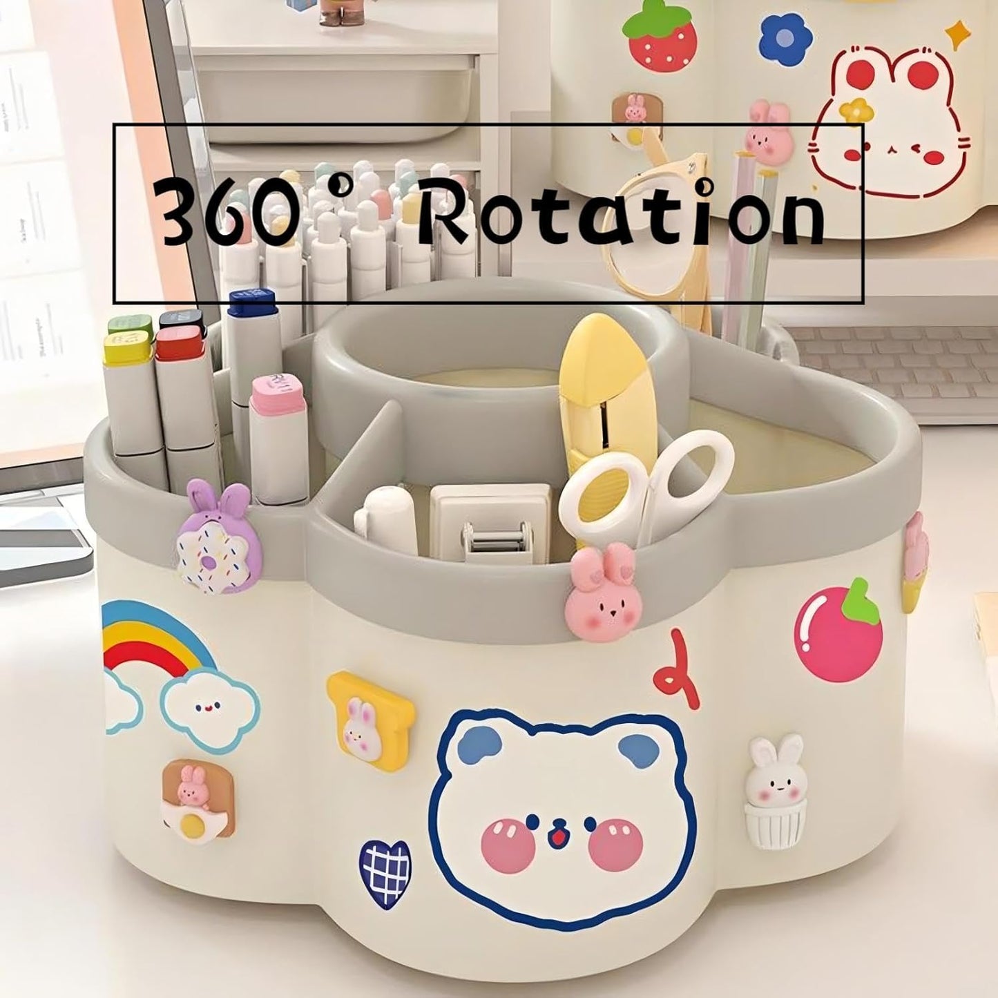 Pen Holder for Desk, 360°Rotating Pencil Pen Holder, Desk Pen Organizer with 6 Slots, Large-capacity Desk Organizer, Pencil Holder for Desk, Office, School, Home Use (Green)
