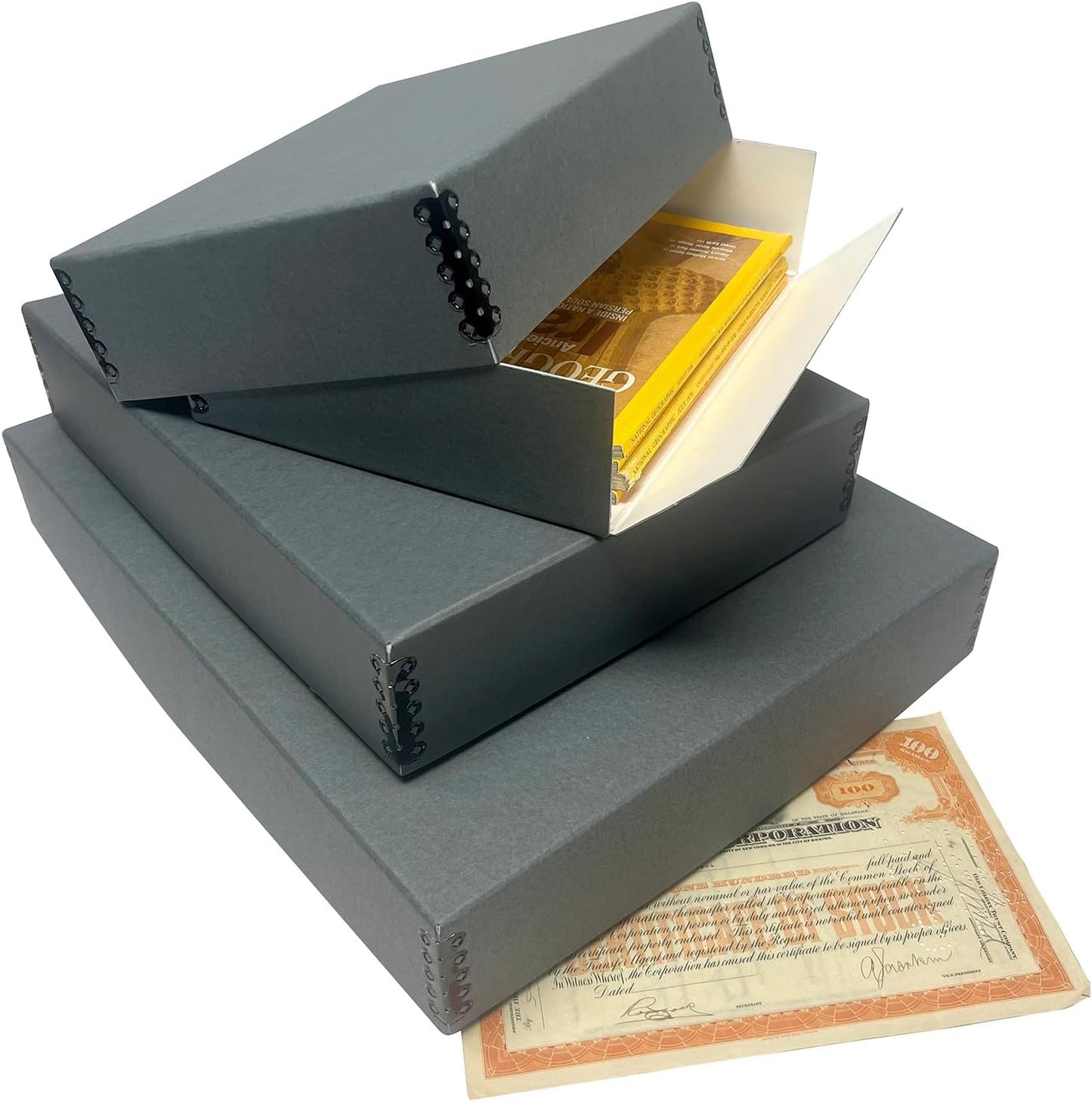 Lineco Museum Archival Storage Box, 16.75x20.75x3 in. Drop Front Design. Acid-Free with Metal Edge. Organize Photos, Pictures, Prints, Documents, Crafts, DIY. Gray, 2 Pack