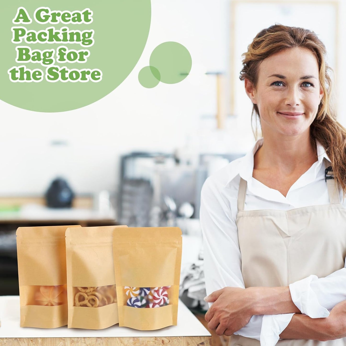 Geosar 450 Pcs Kraft Bags with Window 4 x 6 Inch Stand up Kraft Pouches Bulk Zipper Paper Pouches Food Storage Reusable Heat Sealable Bags for Packaging Home Business Office