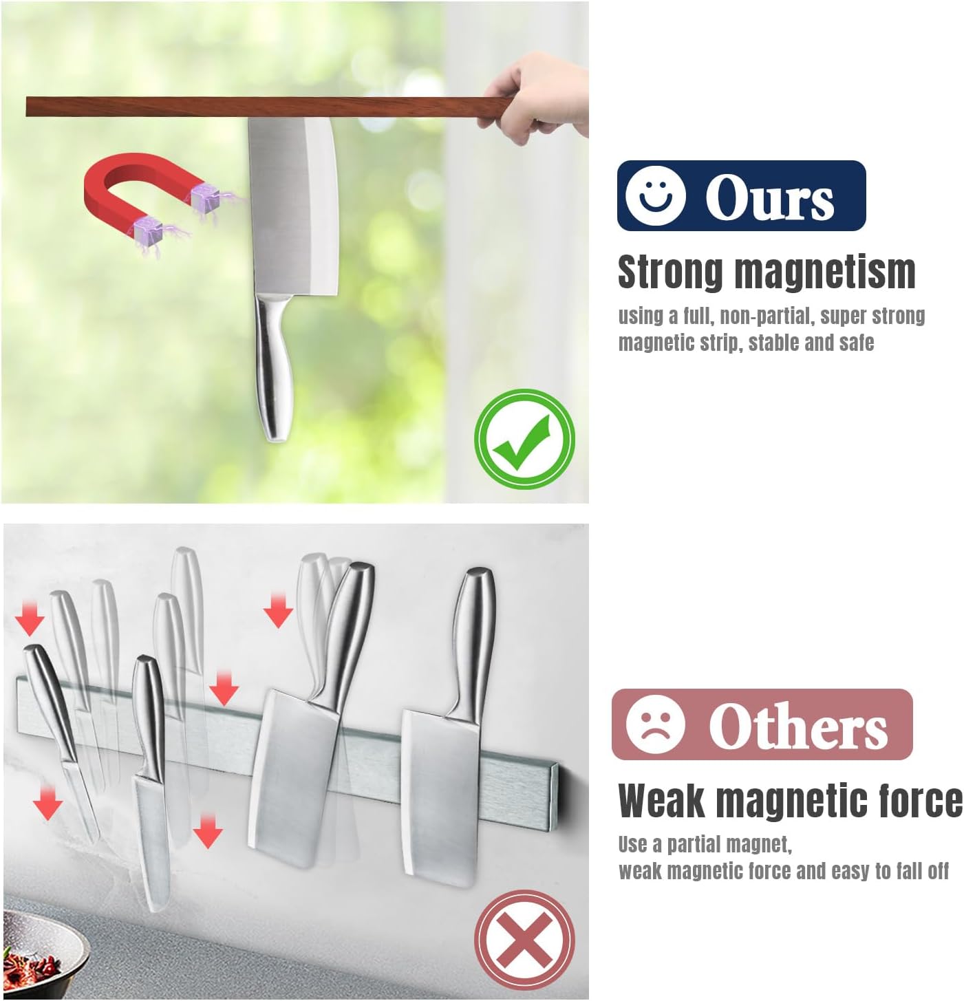 Dmore magnetic knife holder for wall—with 2 hooks, No Drilling 20 Inch walnut knife magnetic strip, Powerful knife magnet rack, include Adhesive Tape and screws for Knives, Utensils, and Tools