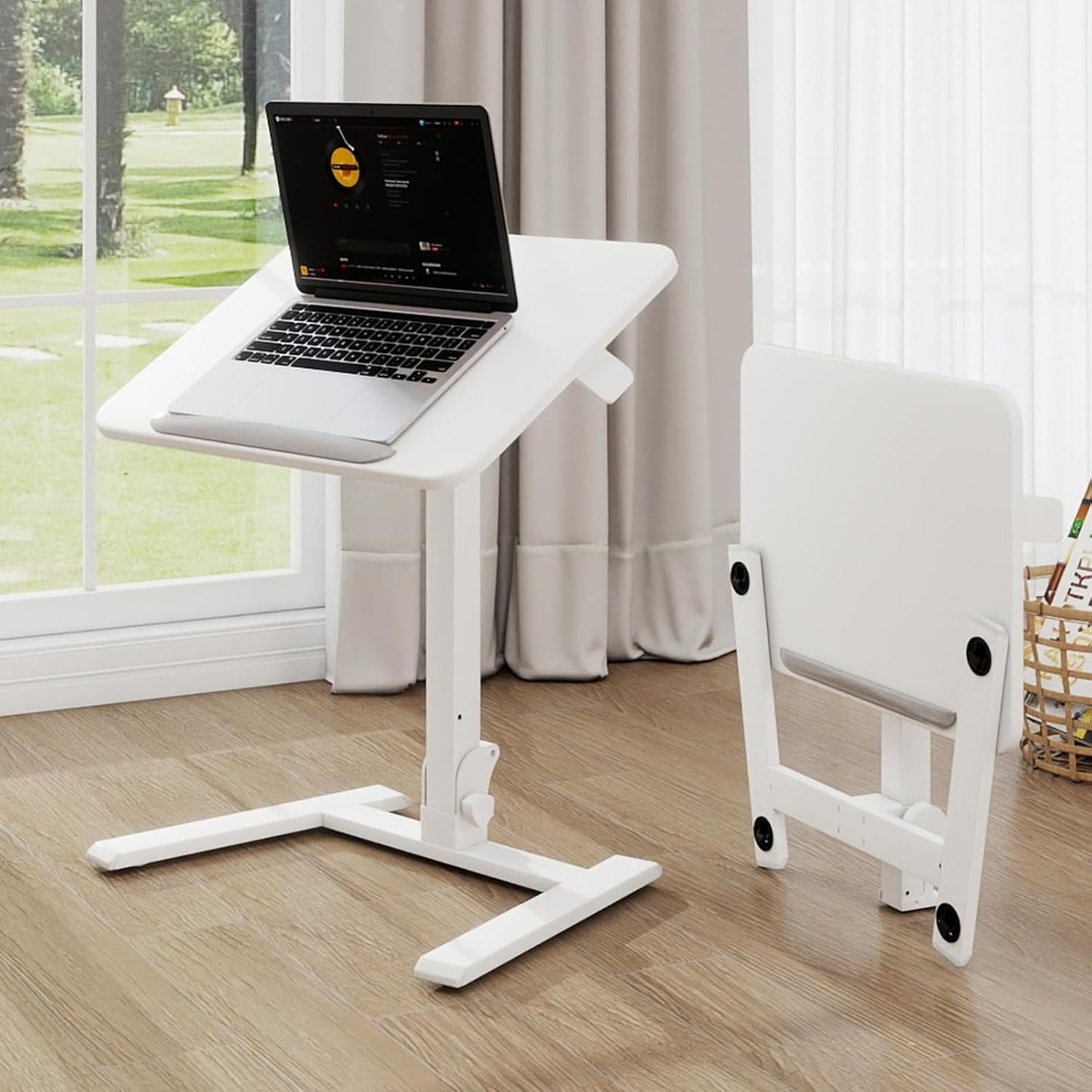 PUNCIA Adjustable Height Small Standing Desk Foldable Laptop Table with Stoppers - 90° Tiltable Rolling Computer Cart Portable Workstation Mobile Desk for Home Office Small Space Bedroom Dorm Study