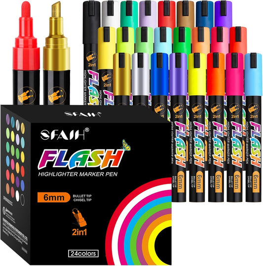 SFAIH 24 Vibrant liquid chalk markers [1s Wet Wipe] - No Residue, 4.5-6mm chalk markers for blackboard, Calendar, Car Window, Glass, Non-Toxic, Zero Dust, With Highlighter Marker