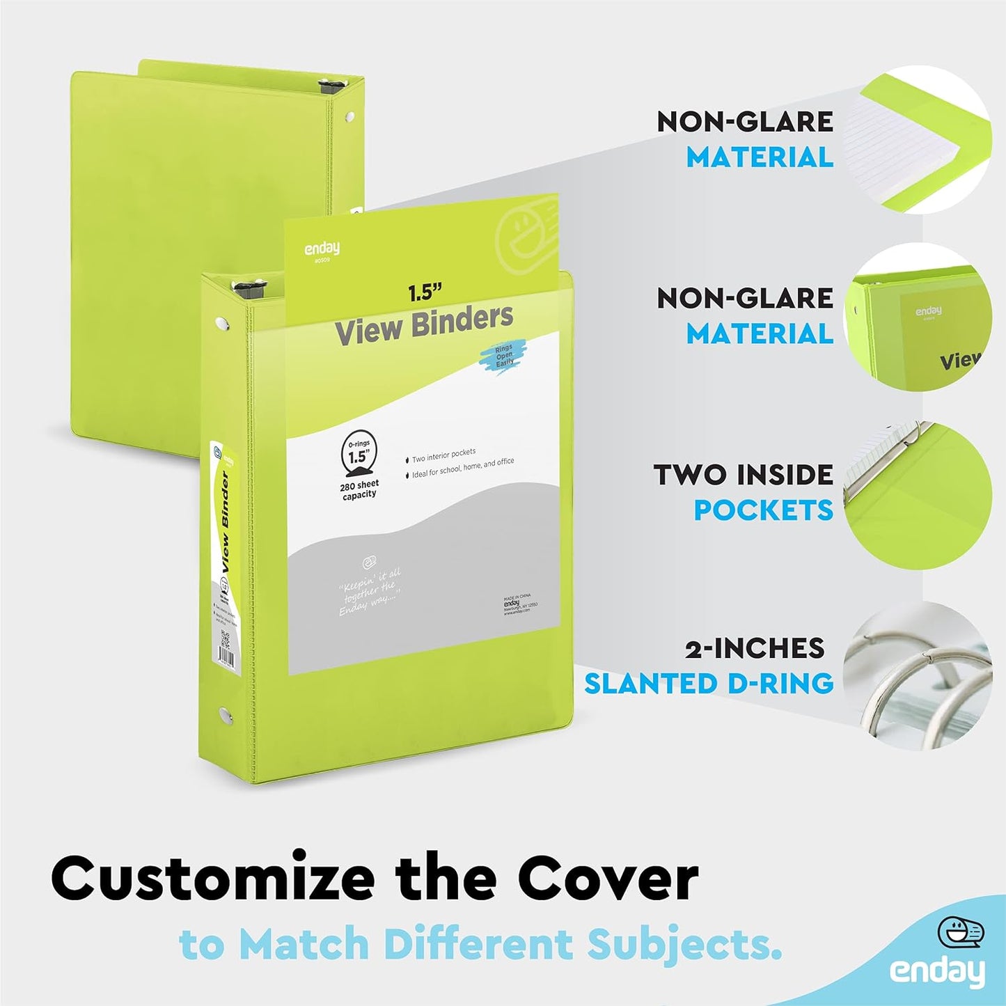 3 Ring Binder Green, 1.5 Inch Clear View Cover with 2 Inside Pockets Binder, Colored School Supplies 1 ½ Inch Round Ring Binders, Also Available in Red, Blue, Purple, Pink, and Grey (6 PC) – by Enday