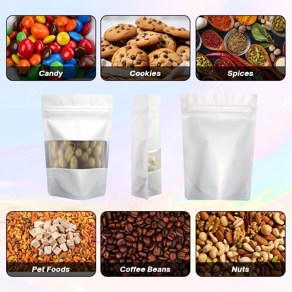 4CP 100 Pcs White Zipper Smell Proof Bags with Window, 4.7x7.9 Inch Stand Up Foil Pouches for Food Selfsealing Storage, Reusable Bag for Packaging Small Business, Cookies, Nunt, Candy