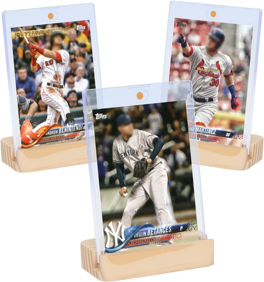 3 Pack Magnetic Card Holders for Trading Cards - 35pt Acrylic Hard Baseball Card Protectors with 3 Wooden Stands, Sports Card Case Base for Baseball, Football, MTG and Game Cards Storage and Display