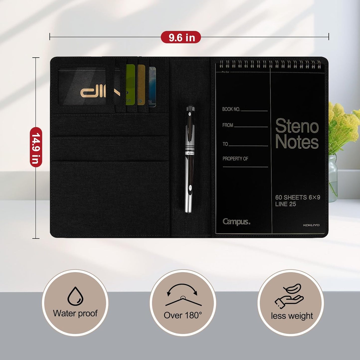Journal Cover for Rocketbook Flip | Executive Size 6"x8.8" Fits A5, 6"x9" Steno Pad/Notebook & Top Spiral Notepad | Waterproof Protective Case with Pen Loop Holder & File Storage (Black)