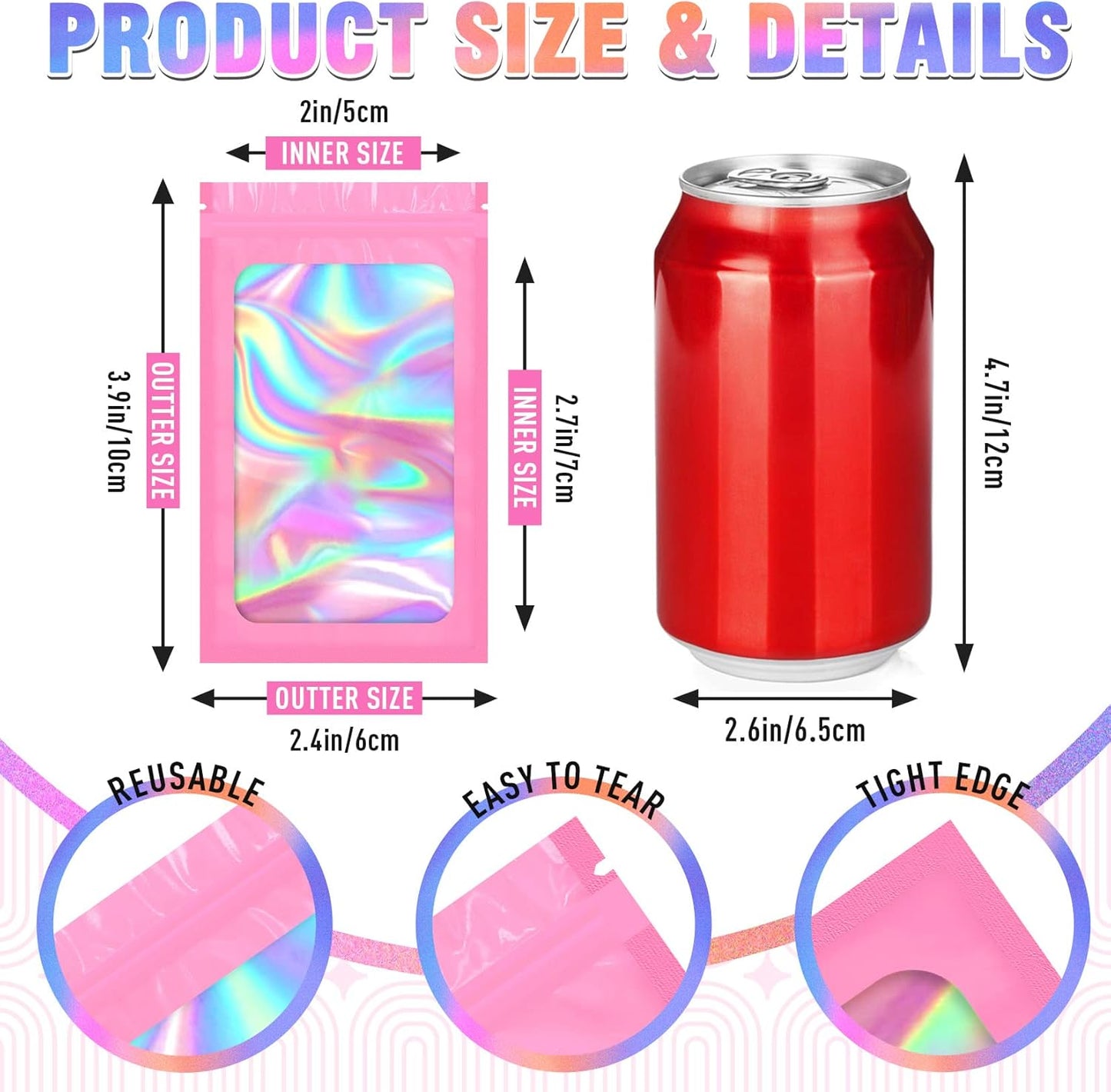 Mylar Bags, 100 PCS Pink Packaging Bags, Small Bag Smell Proof Bag with Clear Window(2.4x3.9 Inch)