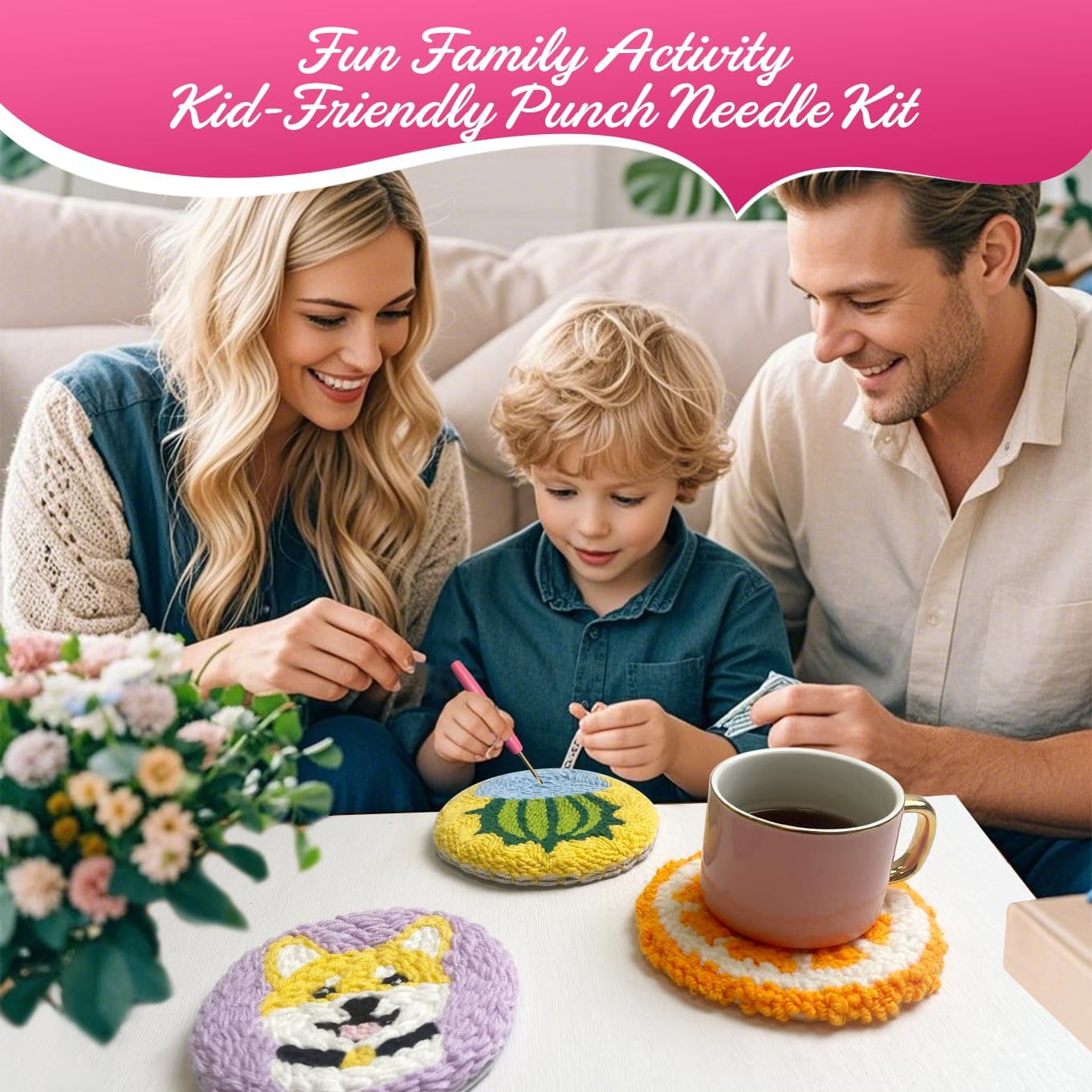 Punch Needle Kit for Adults Beginners, 6-Piece Cute Fruit Punch Coaster Starter Kit – Easy Embroidery Stitch Craft Set with Instructions – Fun Needle Point Tufting for Table Decor & Festival Gifts
