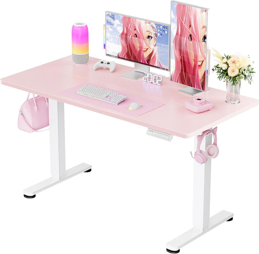 ErGear Height Adjustable Electric Standing Desk, 48 x 24 Inches Sit Stand up Desk, Memory Computer Home Office Desk with Pink Carbon Fiber Color Table Top Splice Board (Pink)