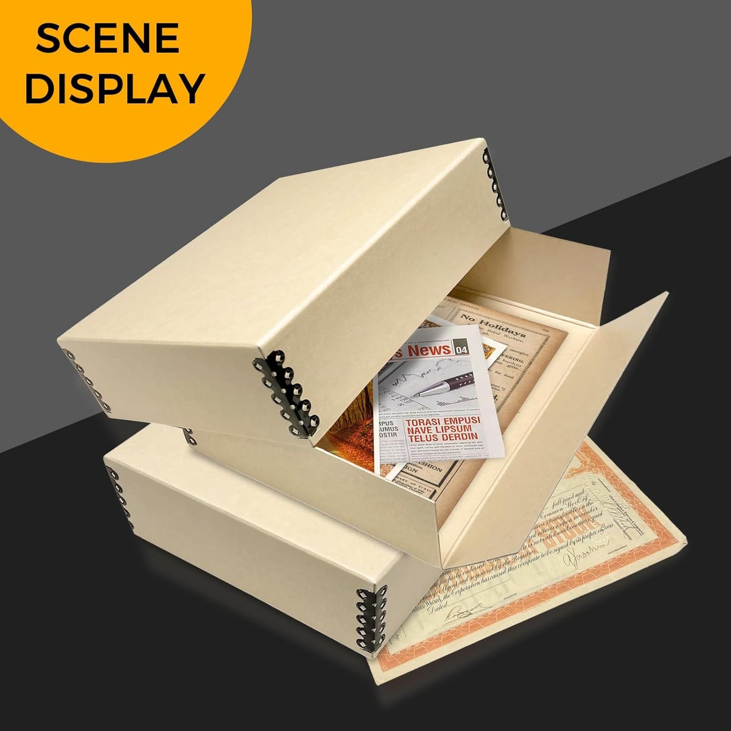 Golden State Art, Archival Storage Box, Acid-Free Drop Front Museum Box with Metal Edge for Storing Artwork Photos Documents Prints Arts and Crafts (Tan-11.75x 15.25x 3 Inches) Pack of 2