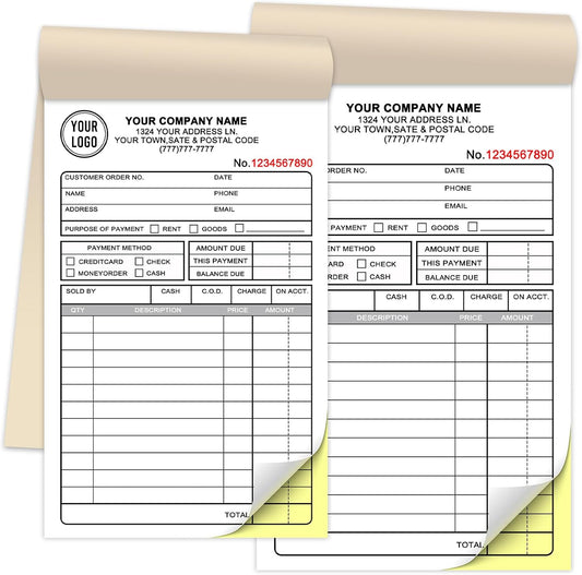 Custom 4.25" x 7" Invoices Receipts Carbonless Books in 2-Part Duplicate Personalized Company Address Name Phone Number 100 Sets