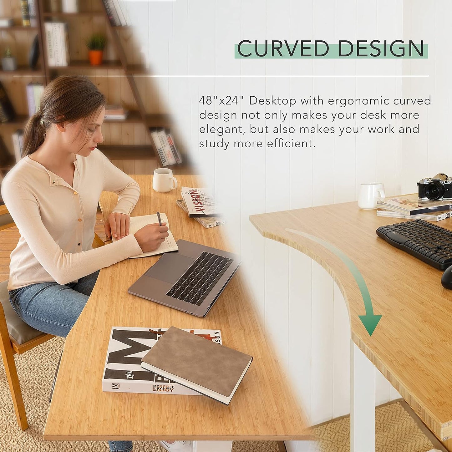 FLEXISPOT E6 Essential Bamboo 3 Stages Dual Motor 48x24 Inch Electric Height Adjustable Standing Whole-Piece Board Desk Sit Stand Up Desk (White Frame + Bamboo Curved Desktop)