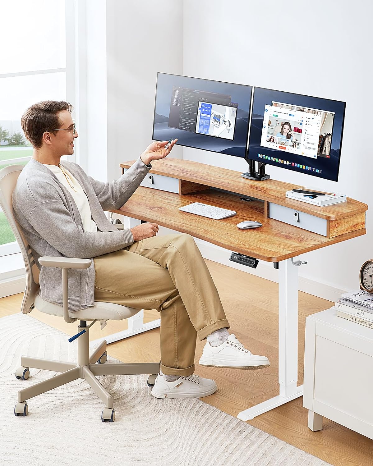 HUANUO 60″ x 30″ Electric Standing Desk with 2 Drawers, C-Clamp Mount Compatible, Height Adjustable, Home Office Stand Up Computer Desk with 4 Preset Heights & 2 Hooks, Light Vintage