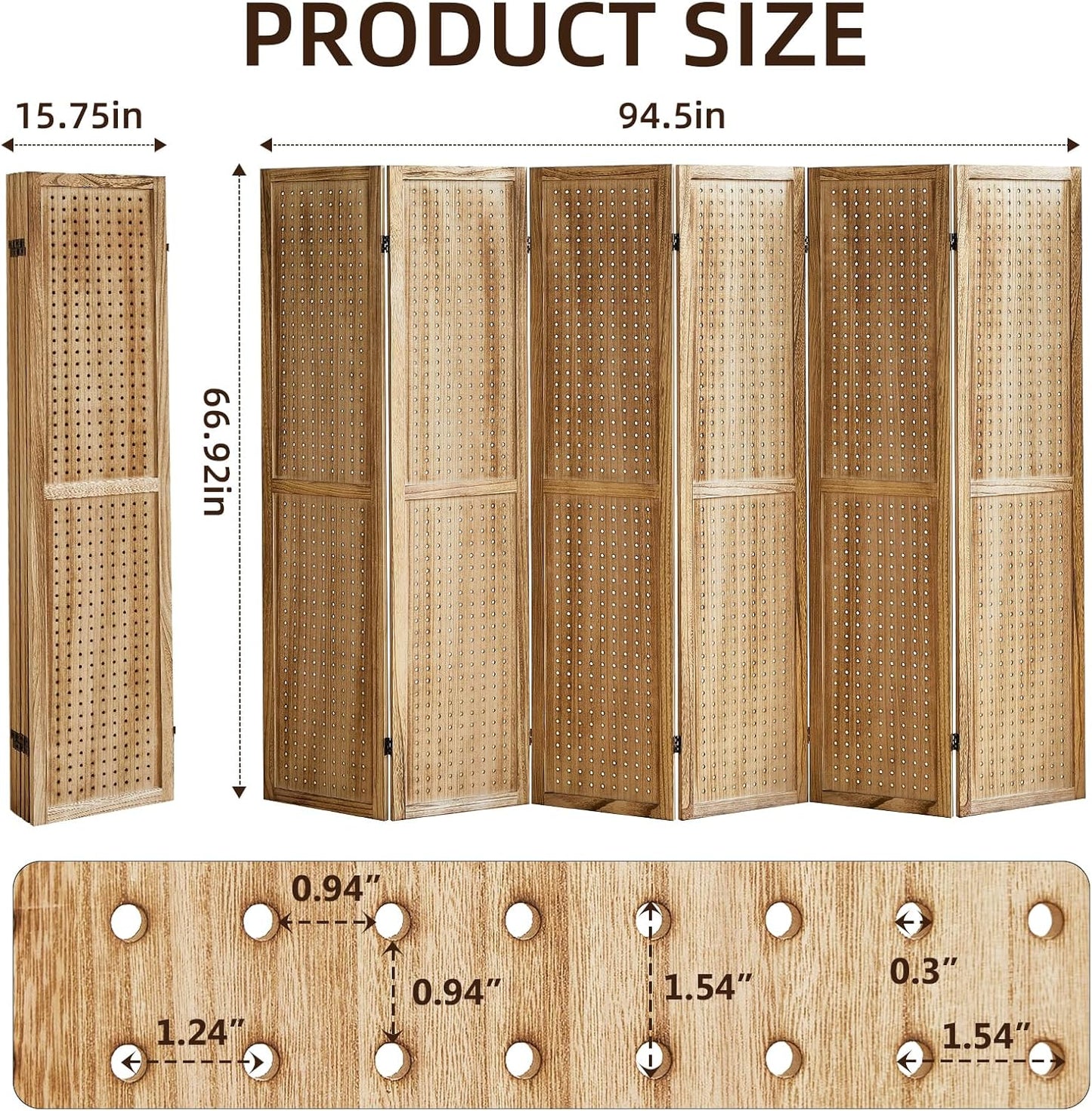 6 Panel Pegboard Display with 24 Hooks, Pegboard Room Divider and Folding Privacy Screens, Privacy Dividers for Rooms, Wooden Room Divider Wall, Jewelry Store, Bedroom, Balcony, Light Brown