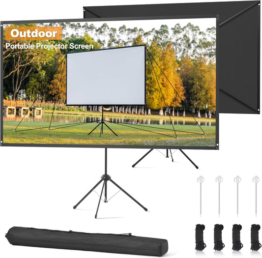 Outdoor Projector Screen 100 Inch, 16:9, High Gain, Projector Screen with Stand, Wind-resistant Design for Portable Projection Screen Outdoor, With Ropes and Spikes, 4K Image for Home Theater, Camping